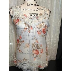 Passport Floral Lace Trim Tank Top – Boho Sheer Sleeveless Cami, Size M